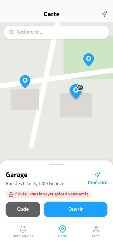 La fiche d'un garage privé avec les boutons Code et Ouvrir