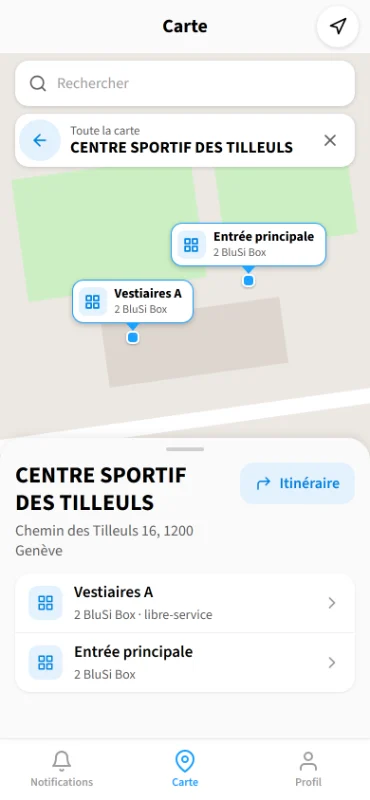 Écran Carte : un site ouvert avec ses deux groupes