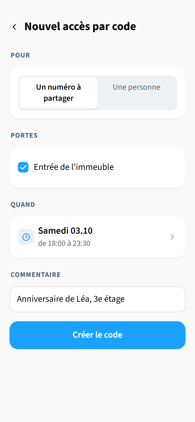 Nouvel accès par code, un numéro à partager : entrée de l'immeuble, samedi 03.10 de 18 h à 23 h 30