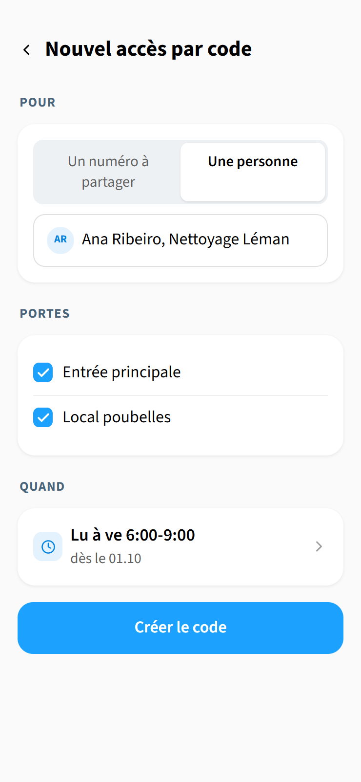 Nouvel accès par code pour Ana Ribeiro, Nettoyage Léman : entrée principale et local poubelles, du lundi au vendredi de 6 h à 9 h