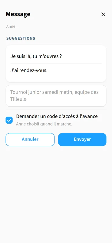 Écran Message : la case Demander un code d'accès à l'avance