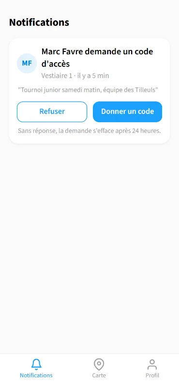 Écran Notifications : Refuser ou Donner un code