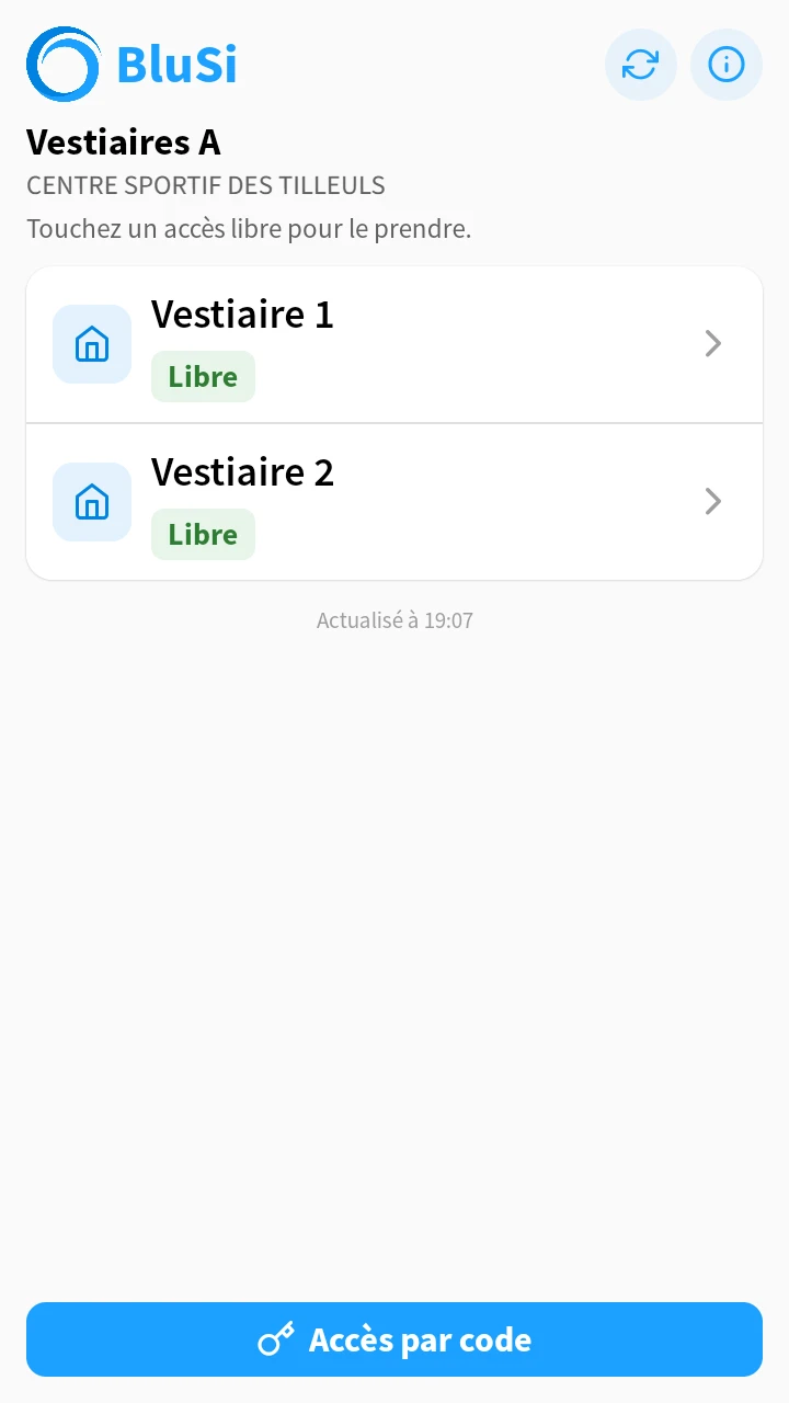 Écran du BluSi Pad : deux vestiaires en libre-service, tous deux libres