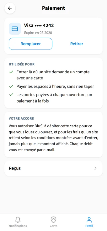 Écran Paiement : la carte enregistrée dans le compte BluSi et ce à quoi elle sert