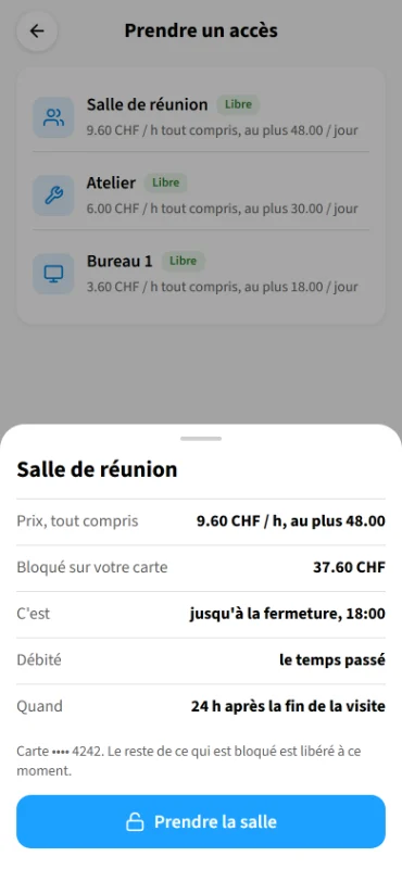 Écran Prendre un accès : une salle de réunion, son prix tout compris et le moment du débit
