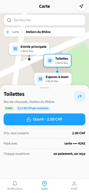 Écran Carte : les toilettes d'un site, avec le bouton Ouvrir et le prix