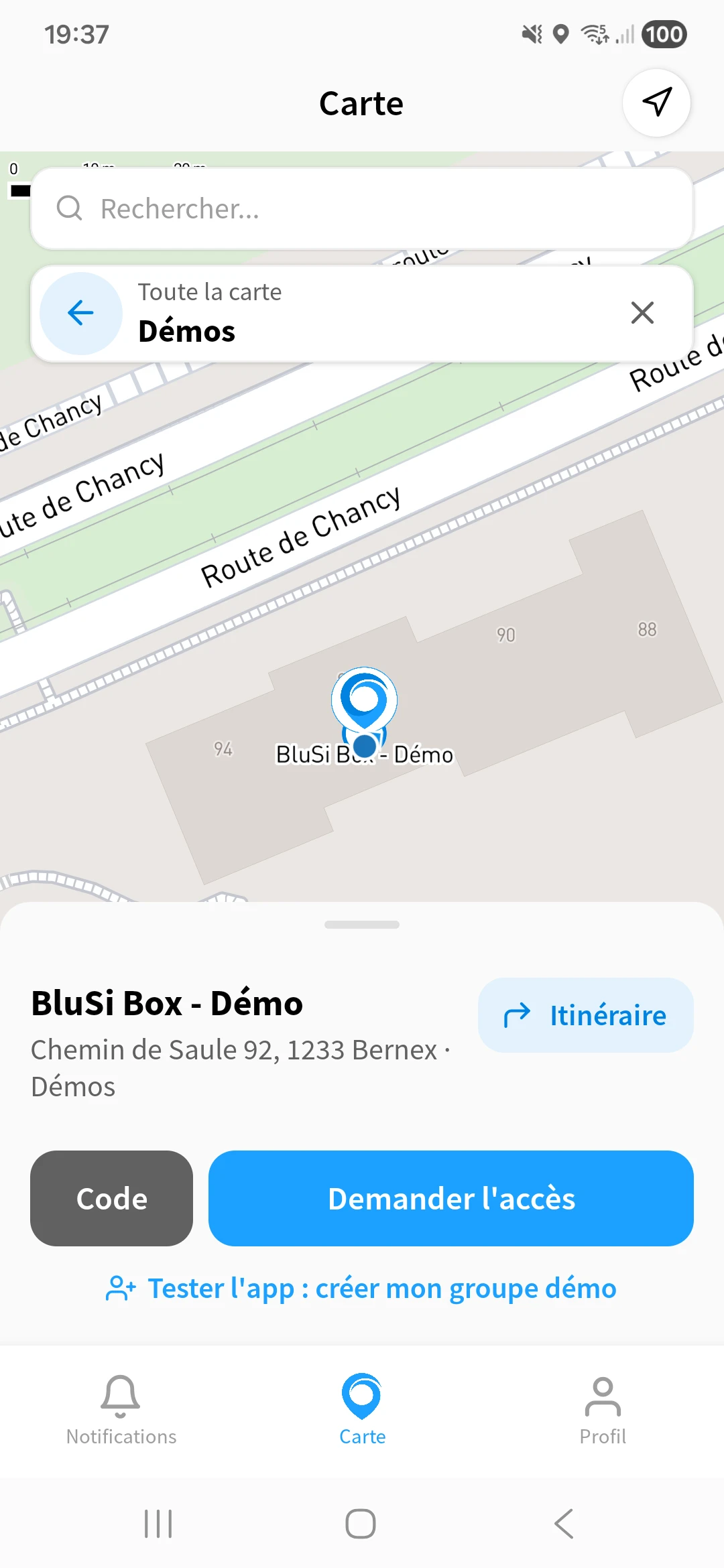 BluSi App, la carte et la fiche d'une porte
