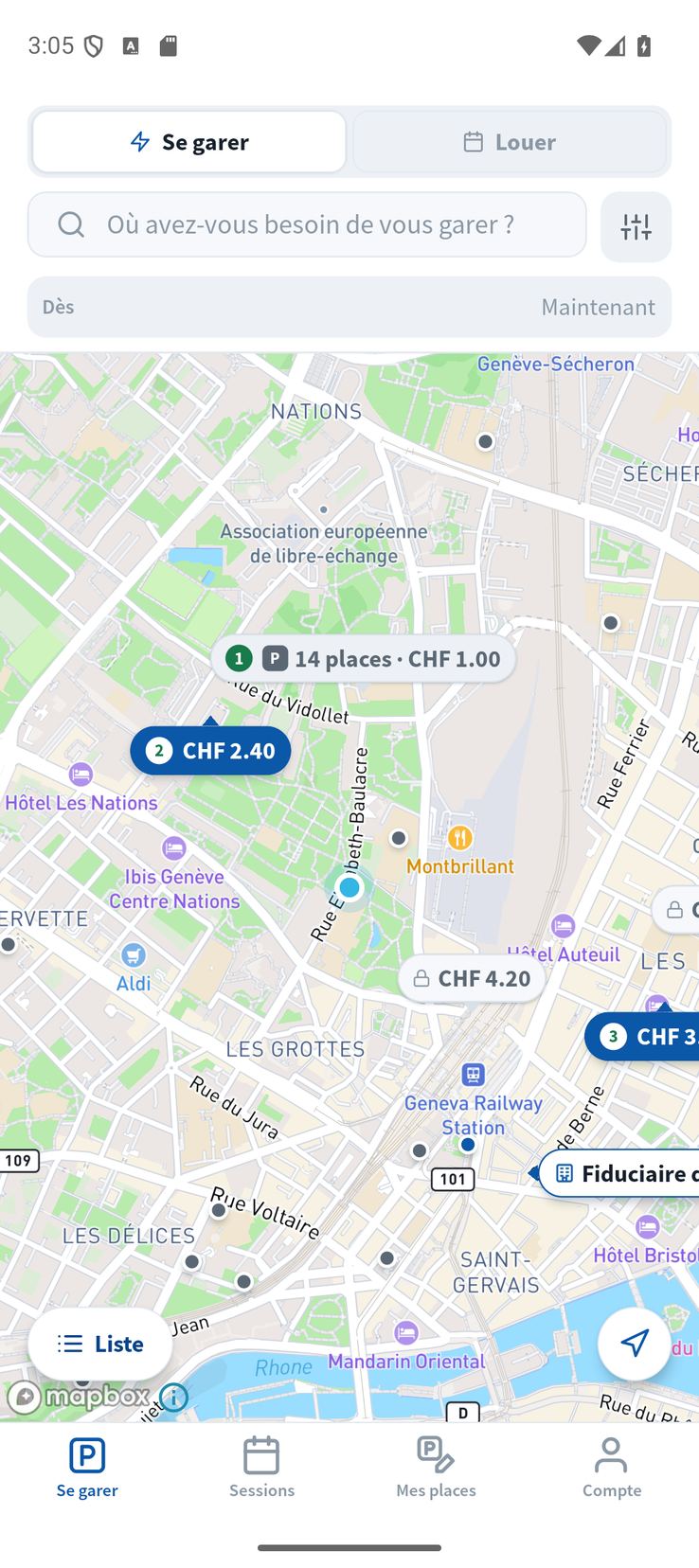 BluSi Park, écran Se garer : la carte avec les places et leur prix
